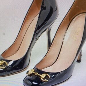 Clarks Black Patent Heels with Gold Chain Detail